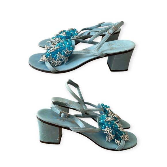 Vintage 60s Amalfi by Rangoni Beaded Mod Heel Sandals 5.5M – Blue, Made in Italy - Picture 15 of 15